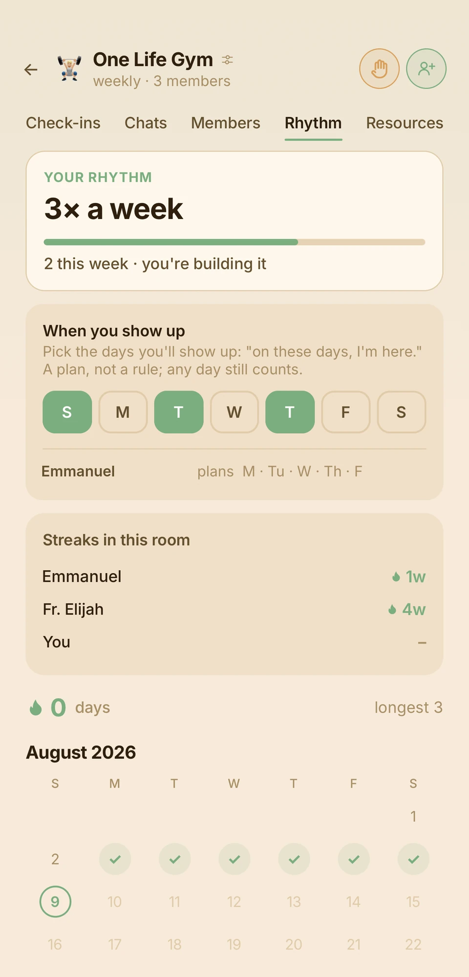 The Rhythm screen: a three-times-a-week plan with the days picked, and the room's streaks